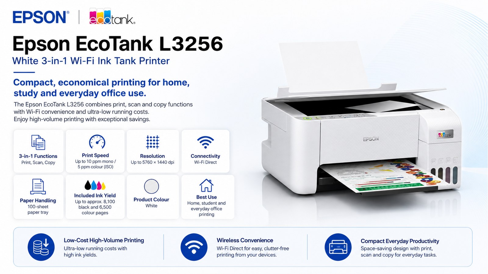Epson EcoTank L3256 3-in-1 Wi-Fi Ink Tank Printer, Print Scan Copy, 10ipm Mono, 5ipm Colour, Wi-Fi Direct, White | C11CJ67421
